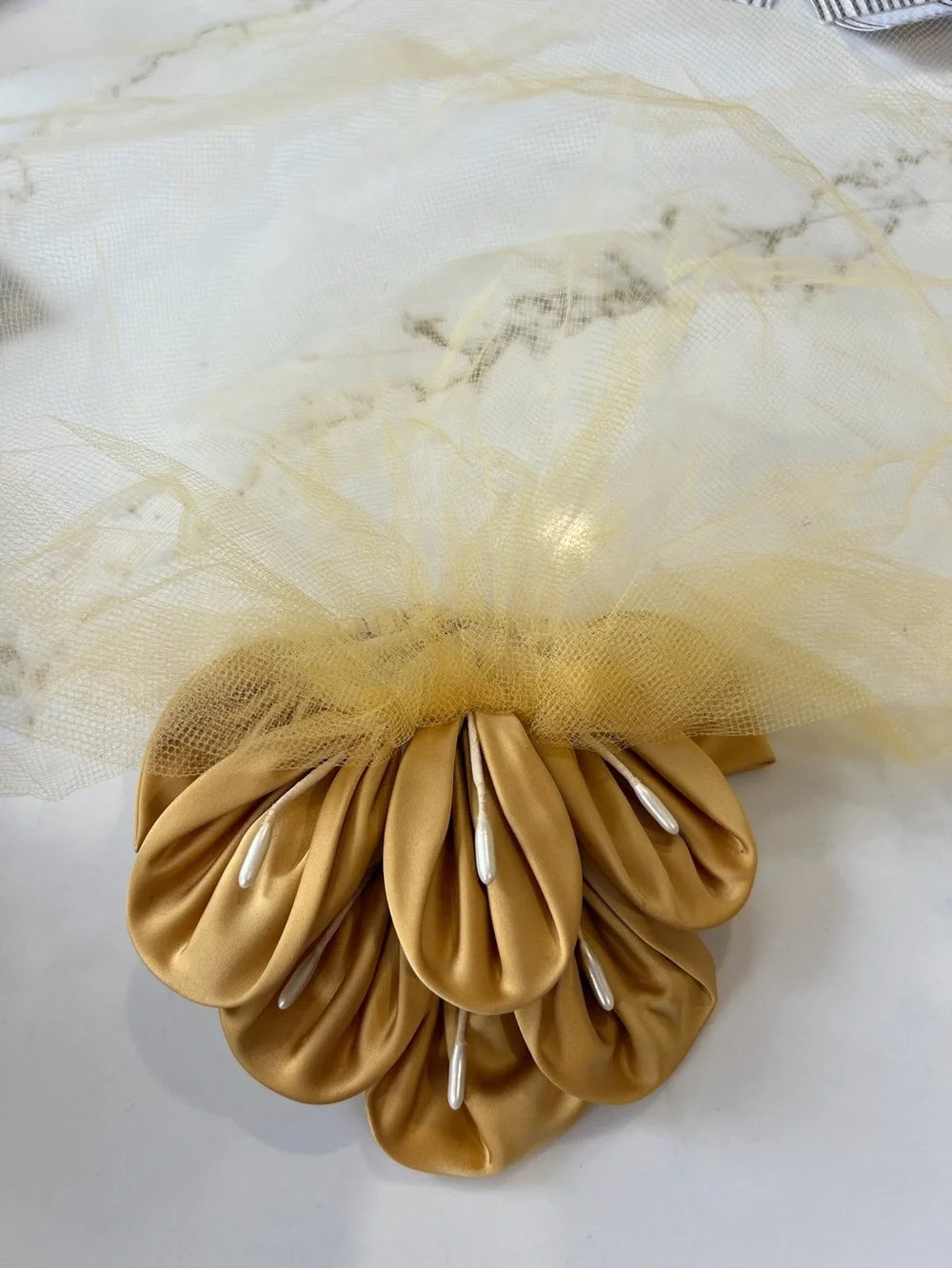 Vintage Gold Satin Floral Hair Clip with Tulle and Pearl Accents
